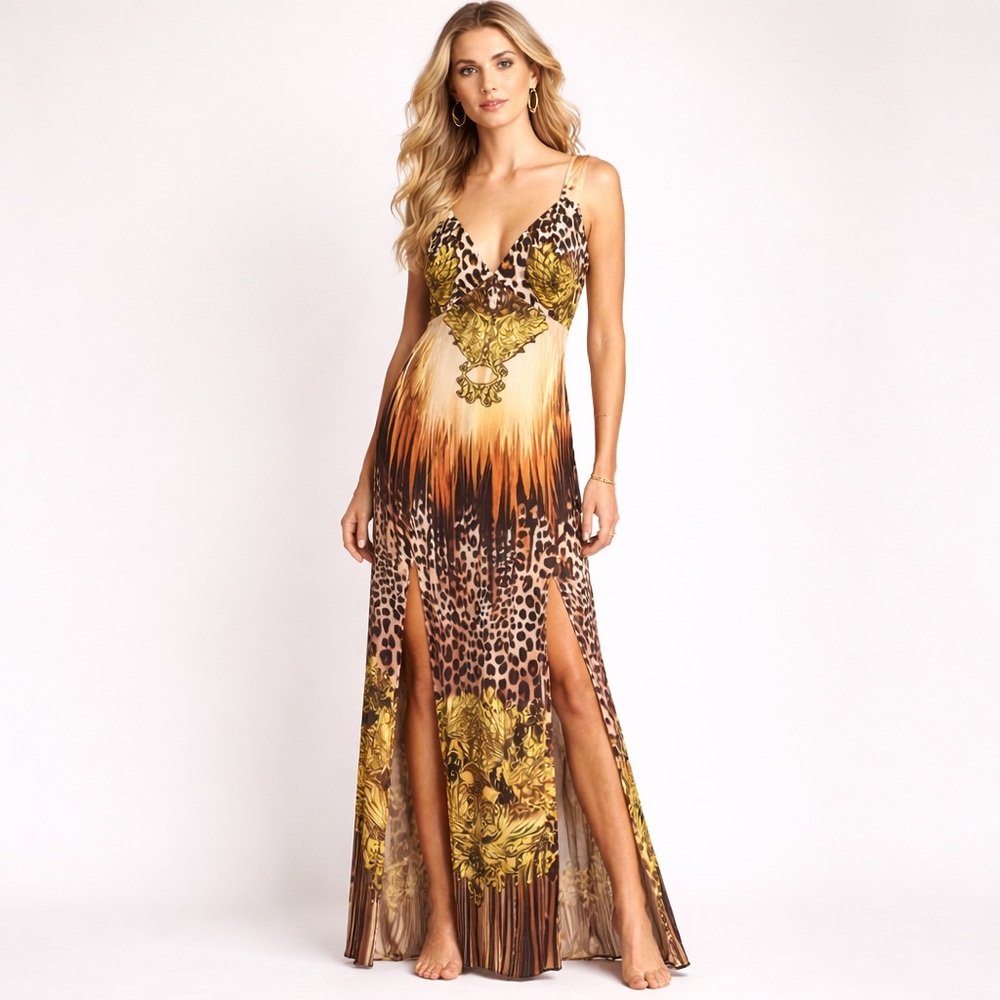 NWT Boston Proper Leopard Baroque Double Slit Maxi Dress 10